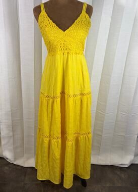 Lulu White Yellow Crochet Lace Tiered Maxi Dress Small Boho Sundress